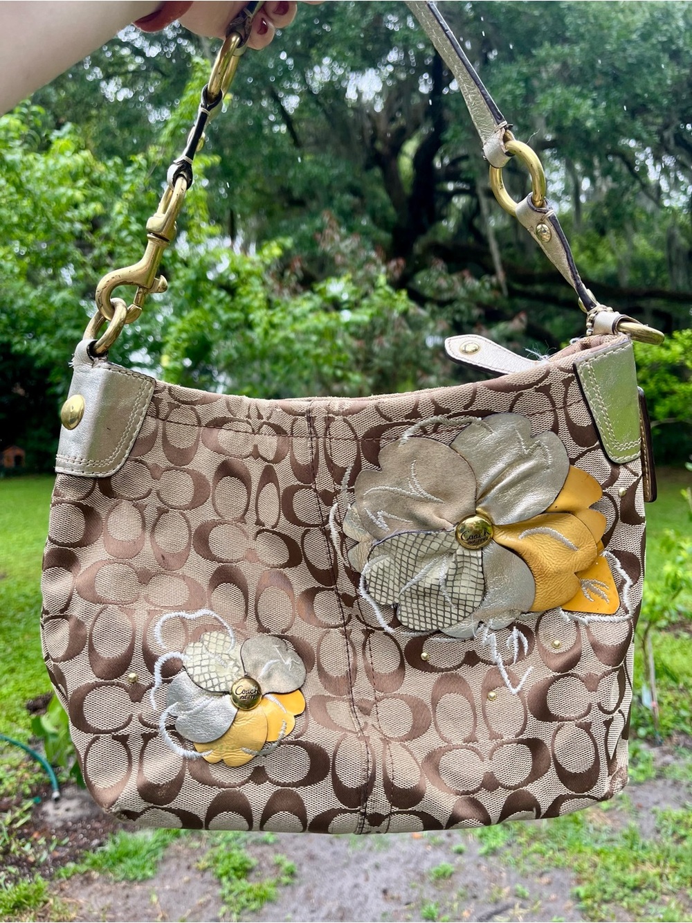 Coach Brown Signature Shoulder Bag with Yellow Floral Appliqués